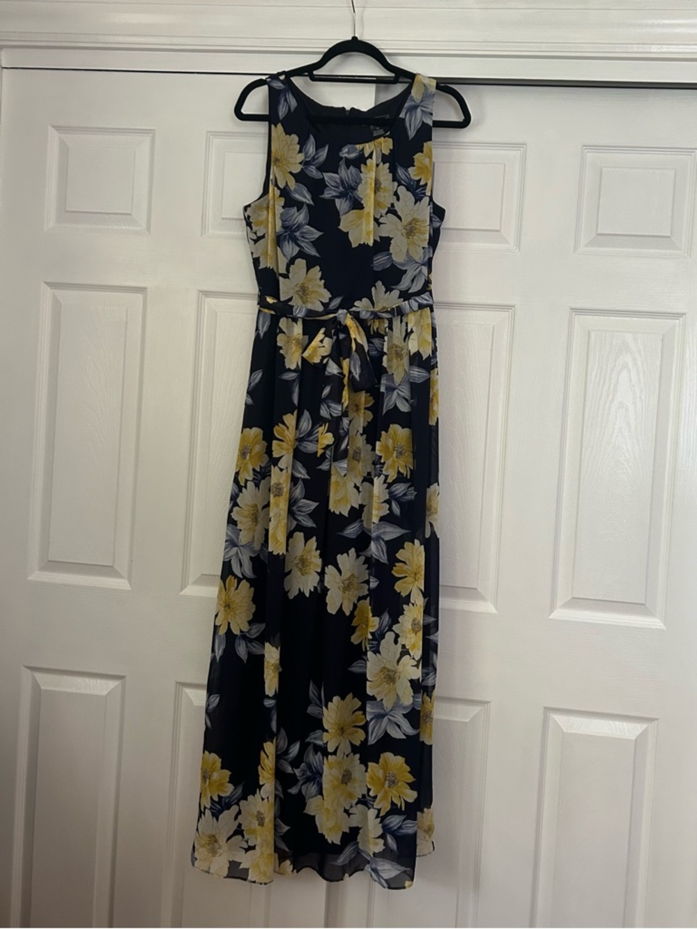 Beautiful Floral Tie-waist Sleeveless Maxi Dress - Navy, Yellow & Lavender